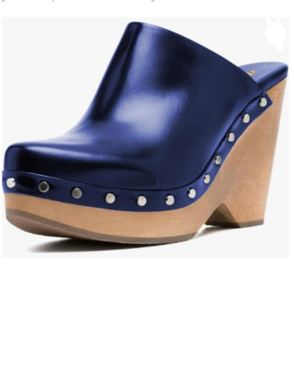 FYS Navy Round Toe Slip on Mules Rivet Studded High Heel Wedges Fashion Shoes